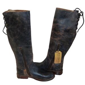 BED|STU Black and Red Lace Up Boots with Distressed Leather